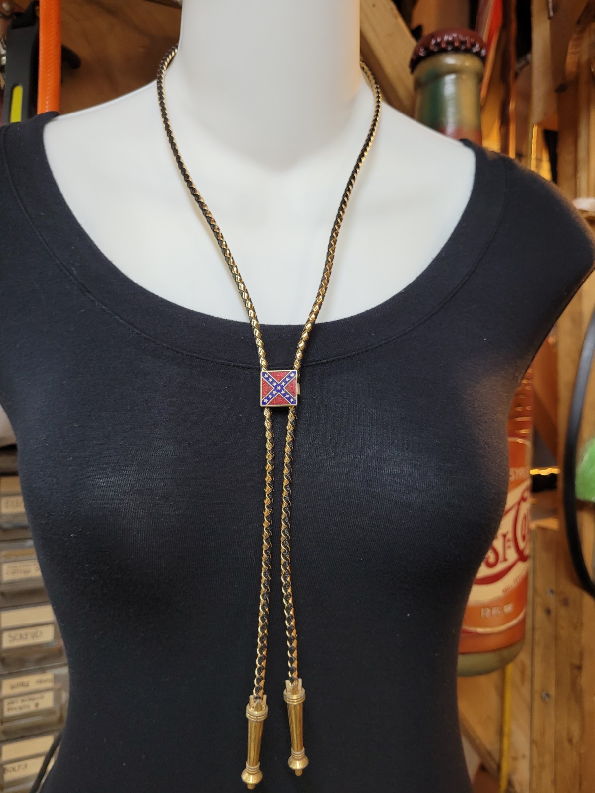 Co Federate Flag Bolo Tie With Leather Rope And Brass Tie End Cap