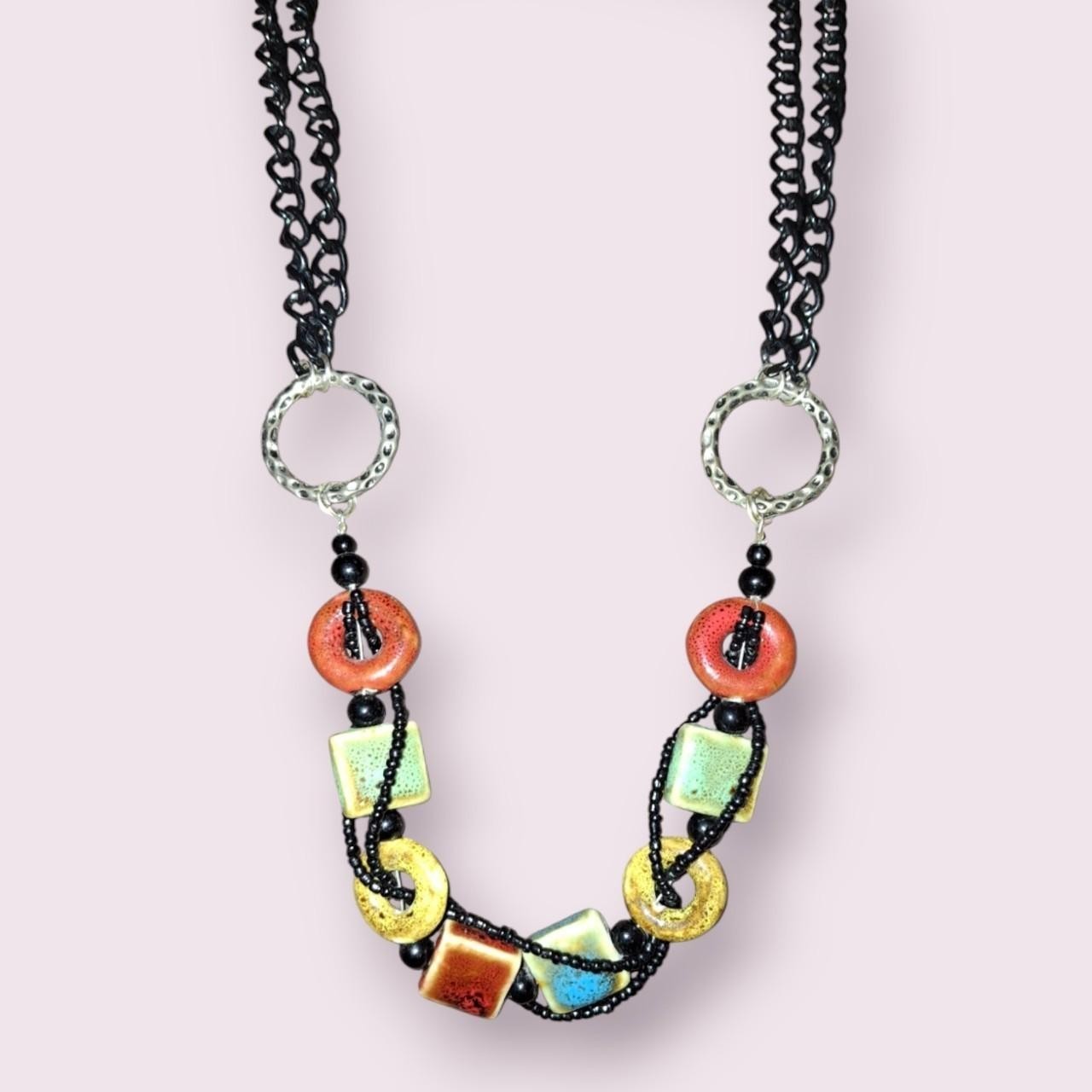 Multicolour ceramic beaded necklace with black chain #boho #festivalvibes