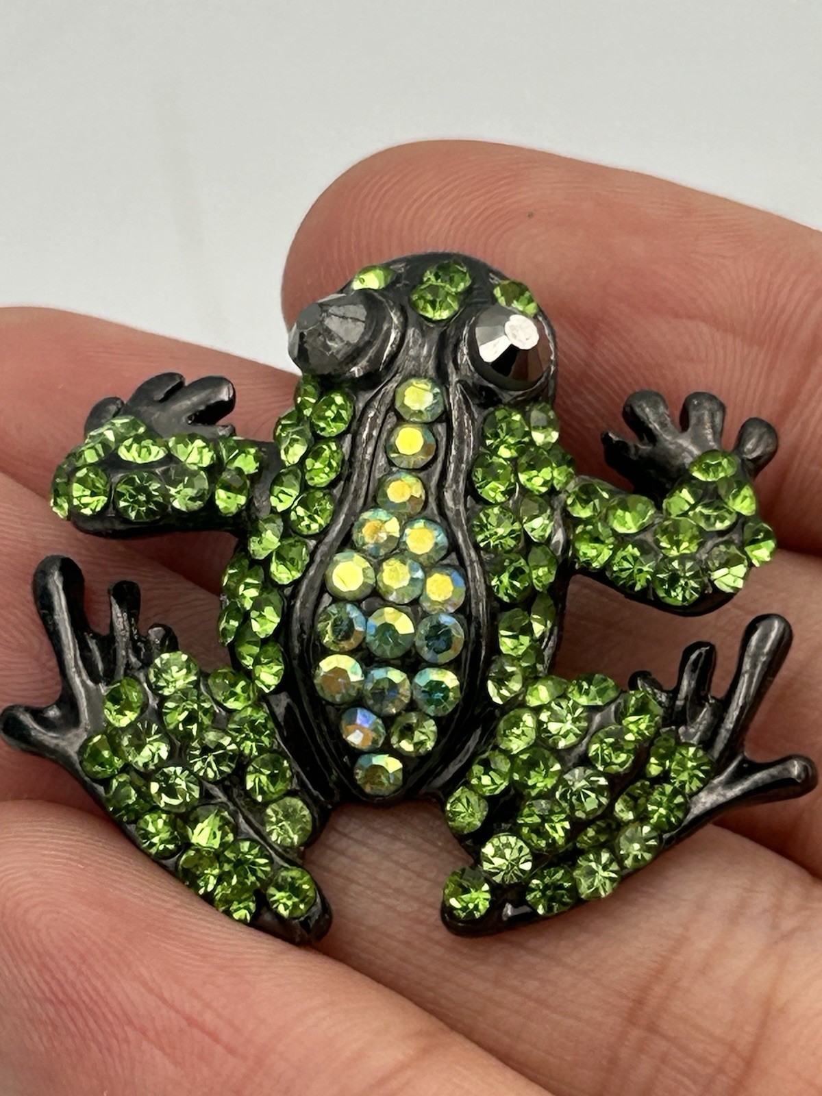 Whimsical Green Crystal Frog Brooch Pin Gun Metal Finish Diamante AB Rhinestone