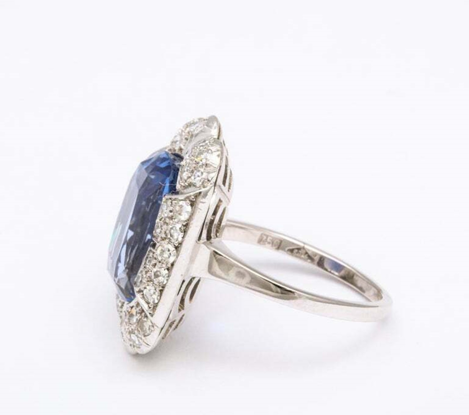 Blue Cushion Simulated Diamond 14k Gold Art Deco Vintage Style Engagement Ring
