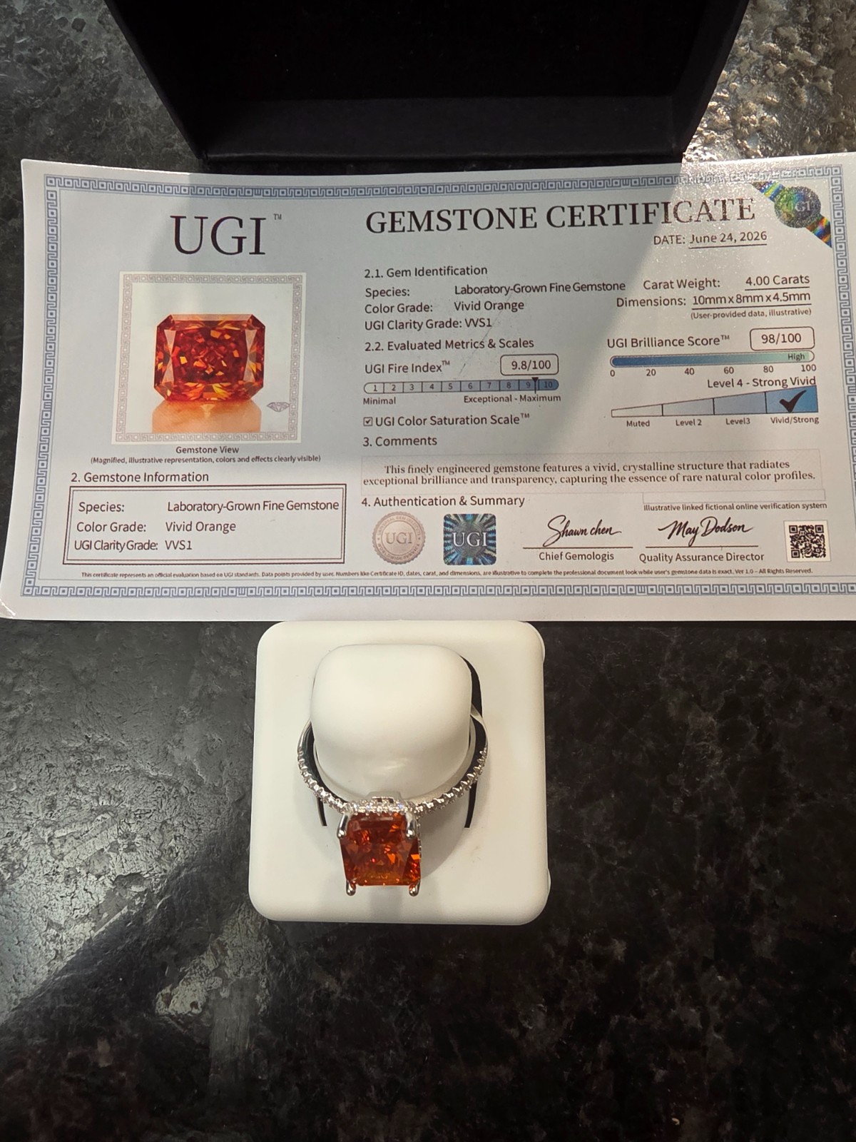 4ct Vivid Orange Lab-Gem Ring, Premium Moissanite Accents, Solid s925 size 7,8,9