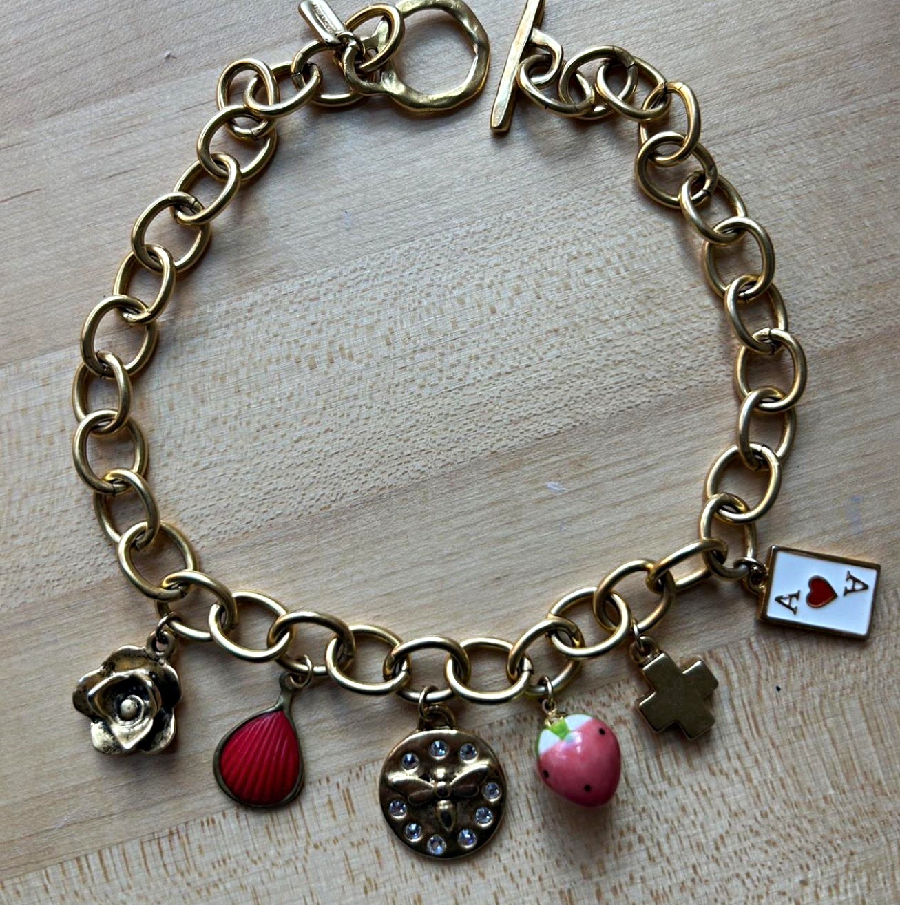 Logan Tay Gold Tone Rolo Chain Charm Necklace Toggle Closure Signed