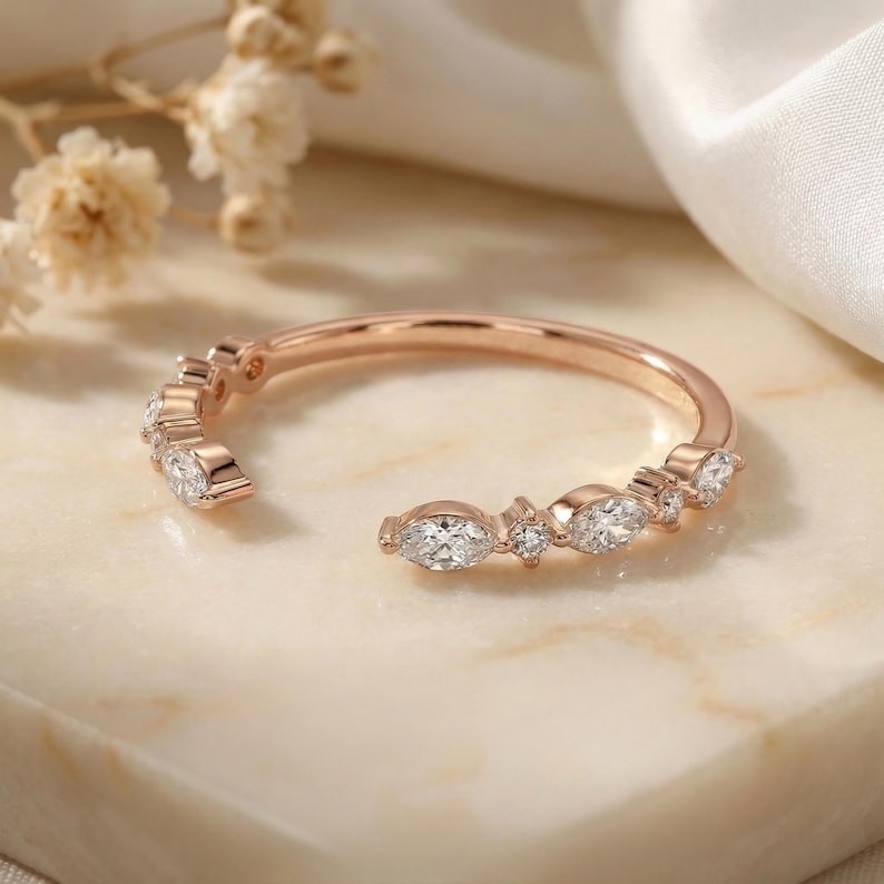 Marquise & Round Cut Moissanite 14K Gold Open Cuff Wedding Band, Gift For Her