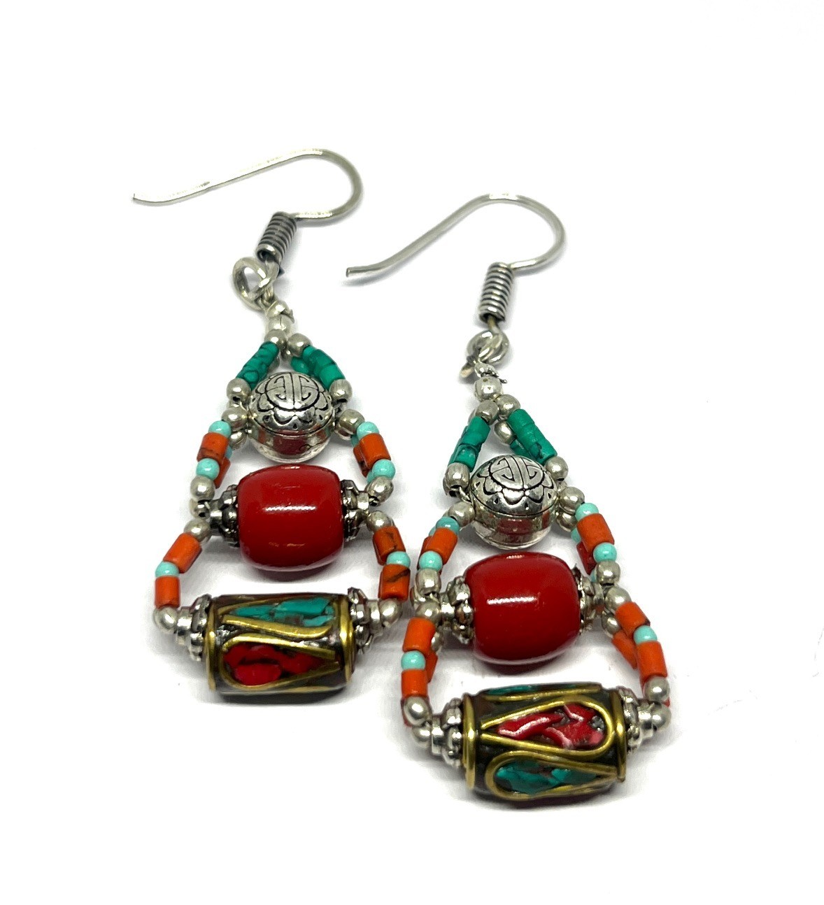 Nepalese Red Coral Turquoise Gemstone Handmade Earring Jewelry, 2.1 Inch