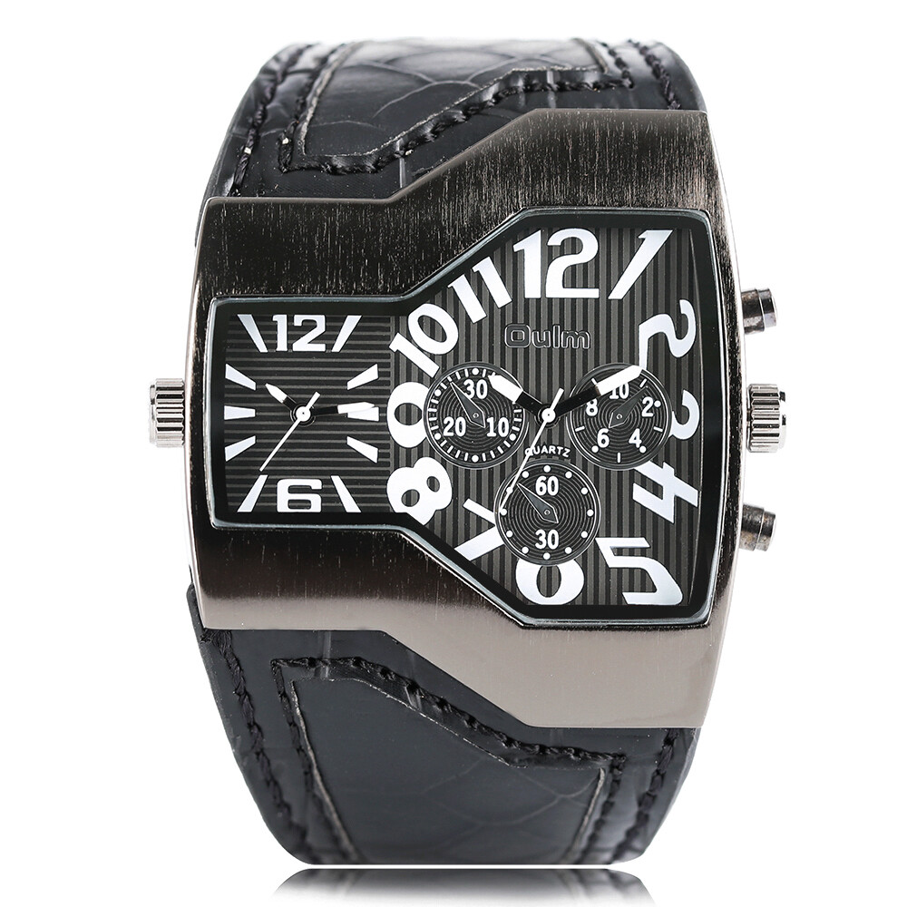 OULM Steampunk Style Two Time Zone Mens Watches PU Leather Quartz Wristwatch