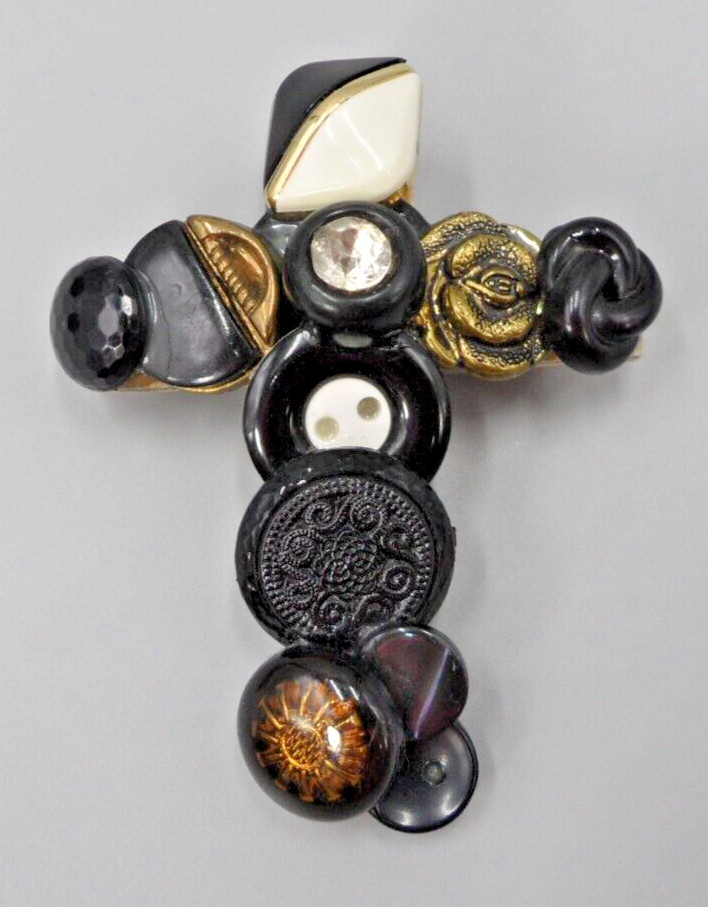 Assemblage Cross Brooch Vintage Button Art Rose Knot Dahlia Flower Sun 2.5″