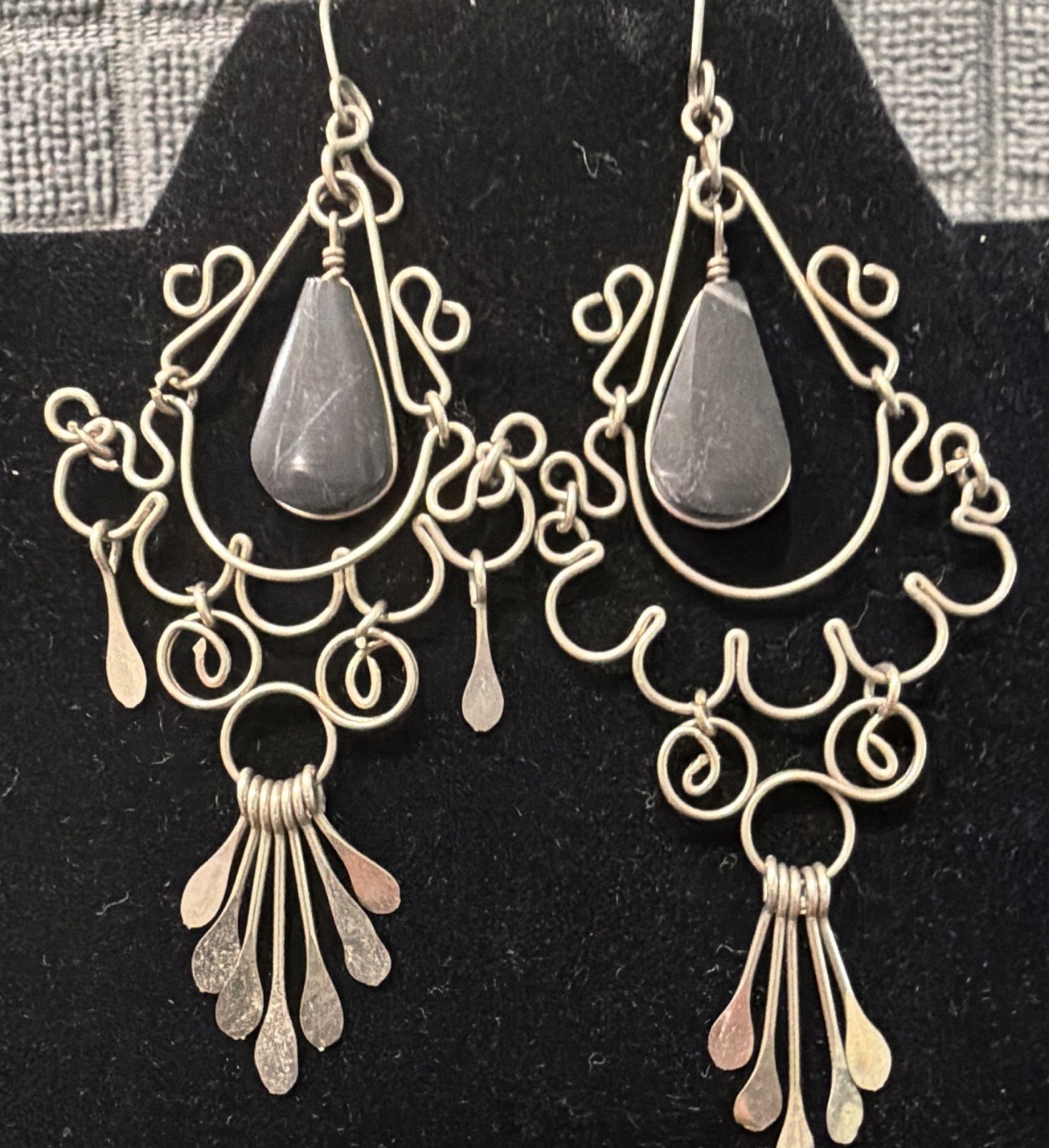 Silver Tone Chandelier Teardrop Dangle Drop Hook Earrings Black Stone Metal