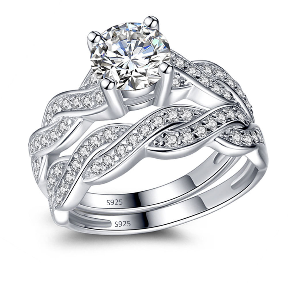Real Silver Engagement Rings Women Unique Wedding Rings Round Cut CZ Bridal Set