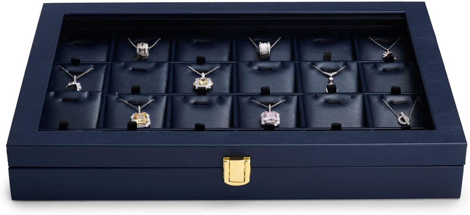 Premium Blue Leather Jewelry Tray with 24 Grid Removable Jewelry Cards Jewelry O