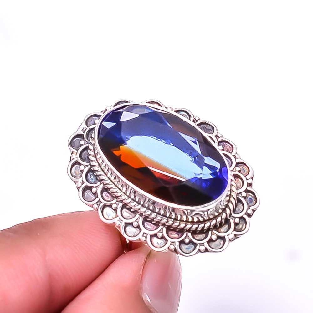 Blue And Red Bi-Colour Tourmaline Fine Art Oxidised 925 Silver Ring S.7 R6
