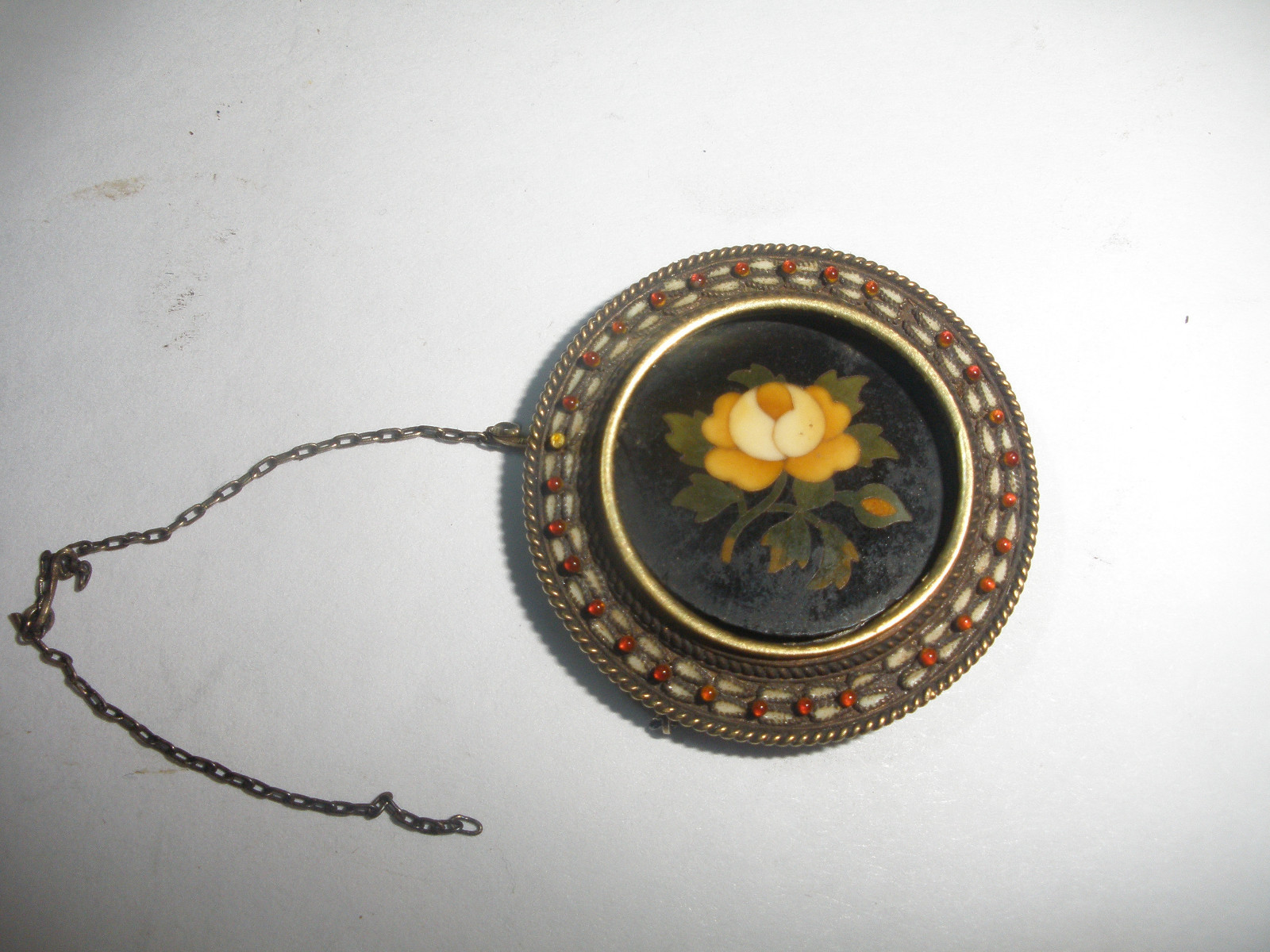 ANTIQUE 1800`s ITALIAN FLOWERS PIETRA DURA IN 10K GOLD ENAMEL PENDANT