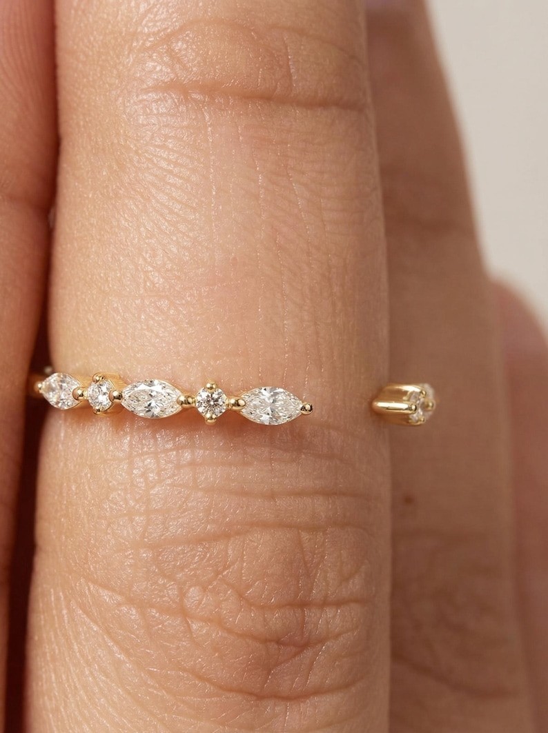 Marquise & Round Cut Moissanite 14K Gold Open Cuff Wedding Band, Gift For Her
