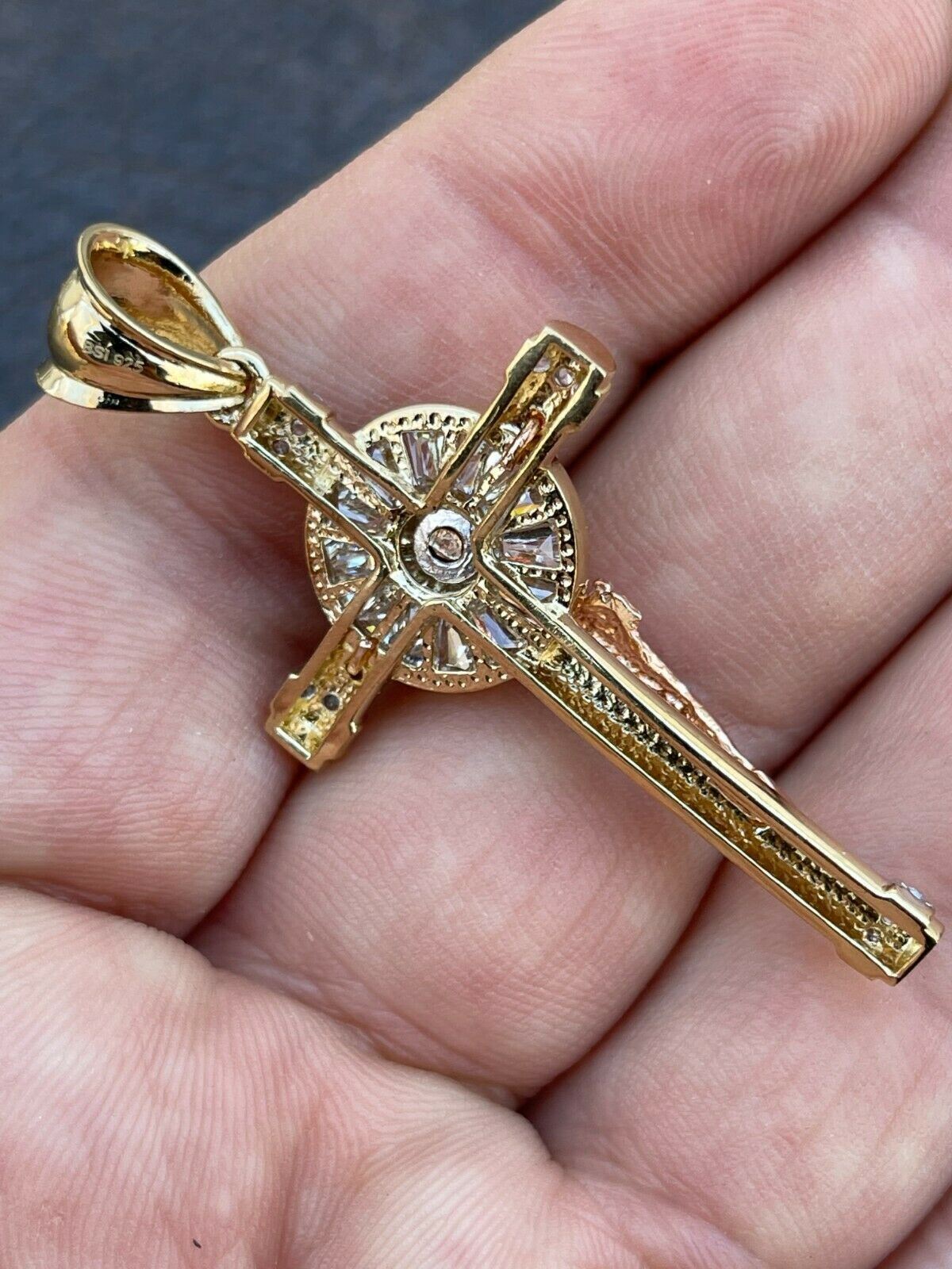 Solid 925 Silver Cross W. Jesus Pendant Yellow & Rose Gold Plated Necklace CZ