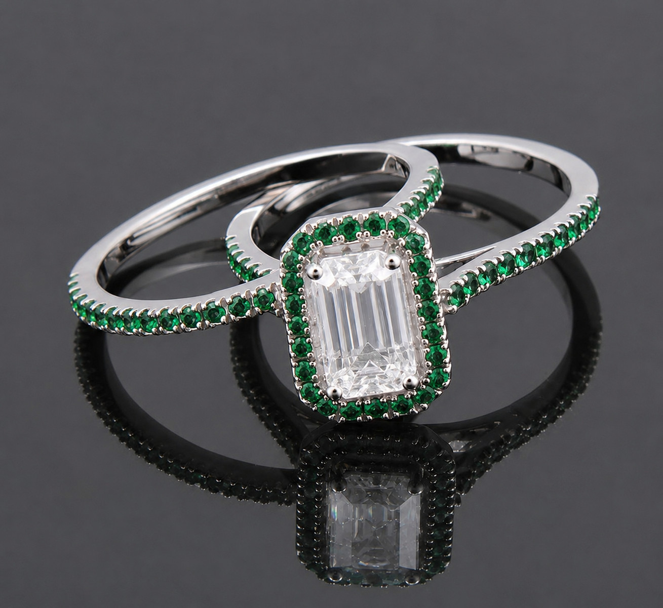 Real 925 Sterling Silver Moissanite & Emerald Bridal Ring Set for Women