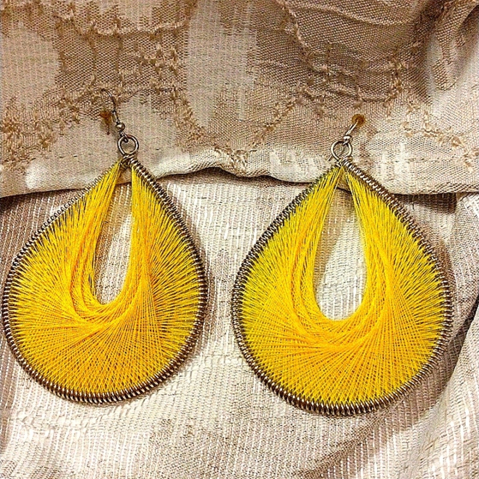 Y2K Large String Art Weaved Earrings Yellow Retro Tear Drop Copper Wired Summer