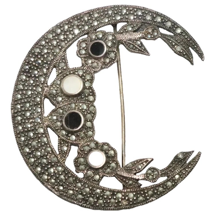 Vintage Sterling Silver Mother of Pearl, Black Onyx, and Marcasite Moon Brooch