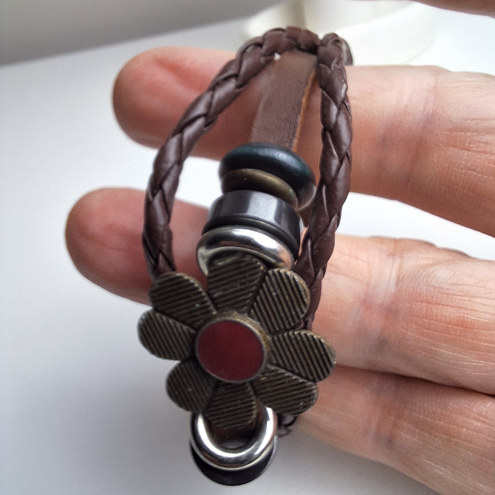 70s Style Leather Bracelet Metal Enamel Flower Beaded 3 Strands Braided