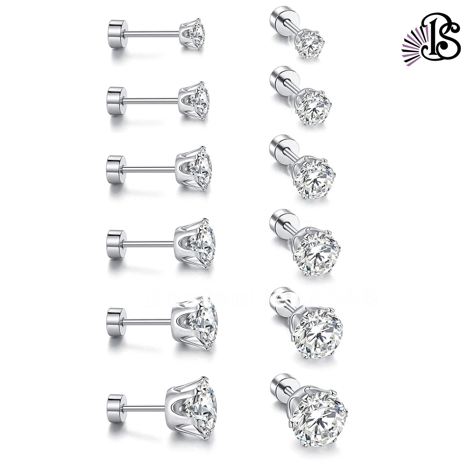6 Pairs Stainless Steel Round Cubic Zirconia Stud Earrings Set for Men Women