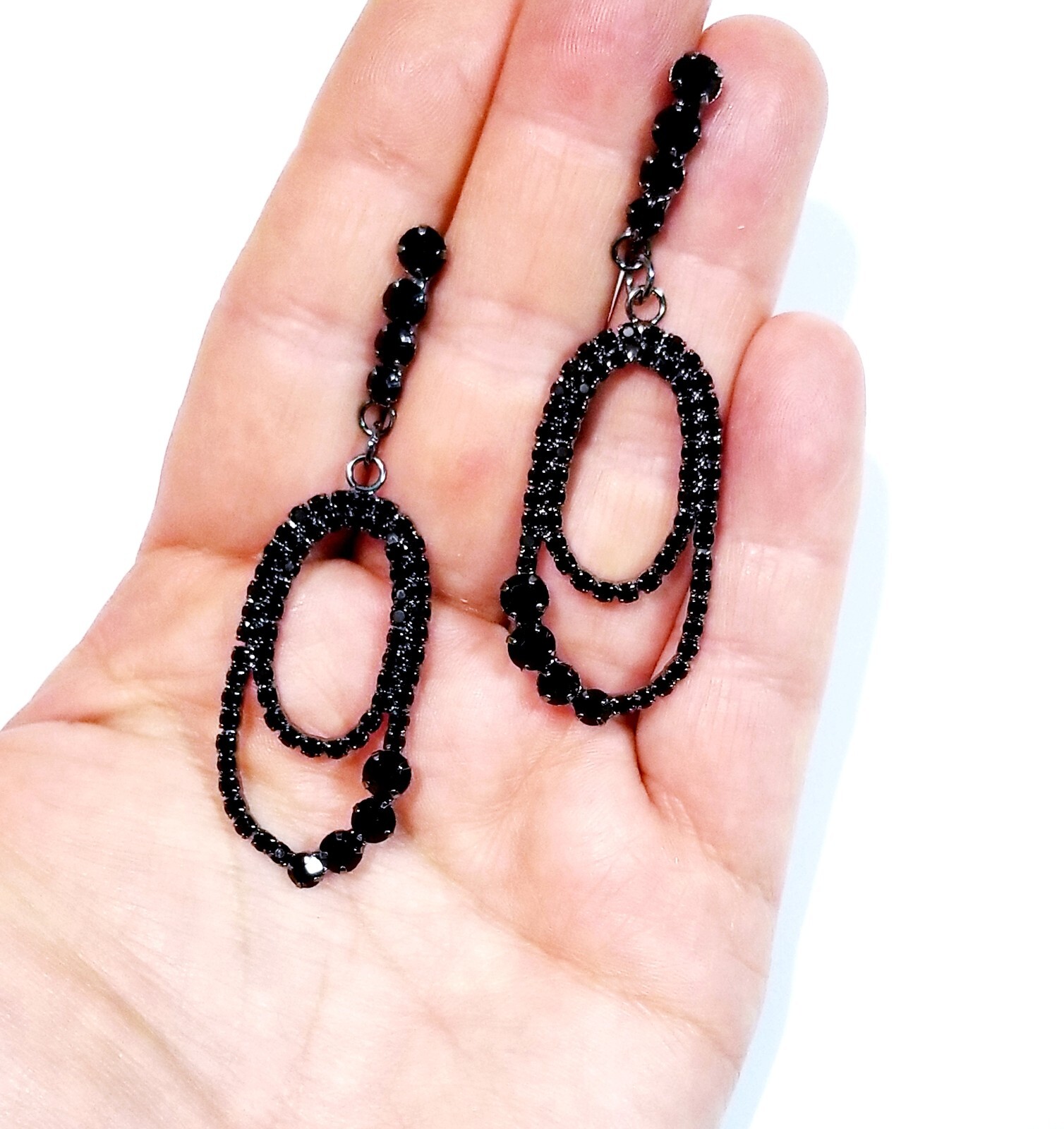 Black Dangle Chandelier Earrings Rhinestone Pageant Prom Bridesmaid Drop 2.8 in