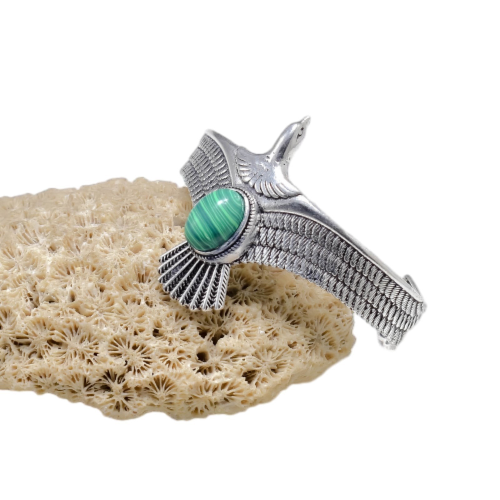 925 Sterling Silver Eagle Bracelet Malachite Stone Wildlife Unisex Cuff Bangle