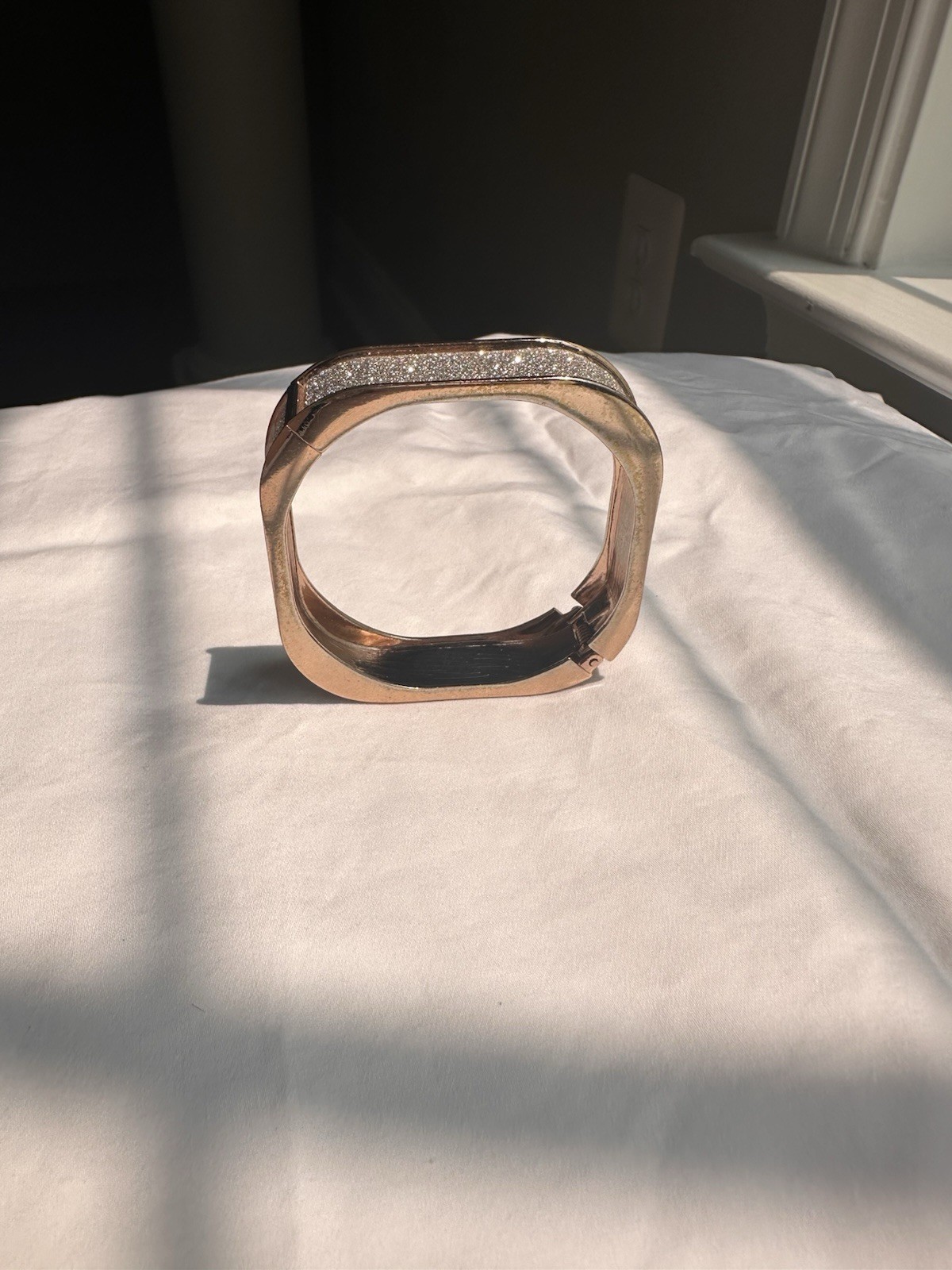 Rose Gold Tone Hinged Cuff Bangle Bracelet Pavé Clear Crystal Rectangle