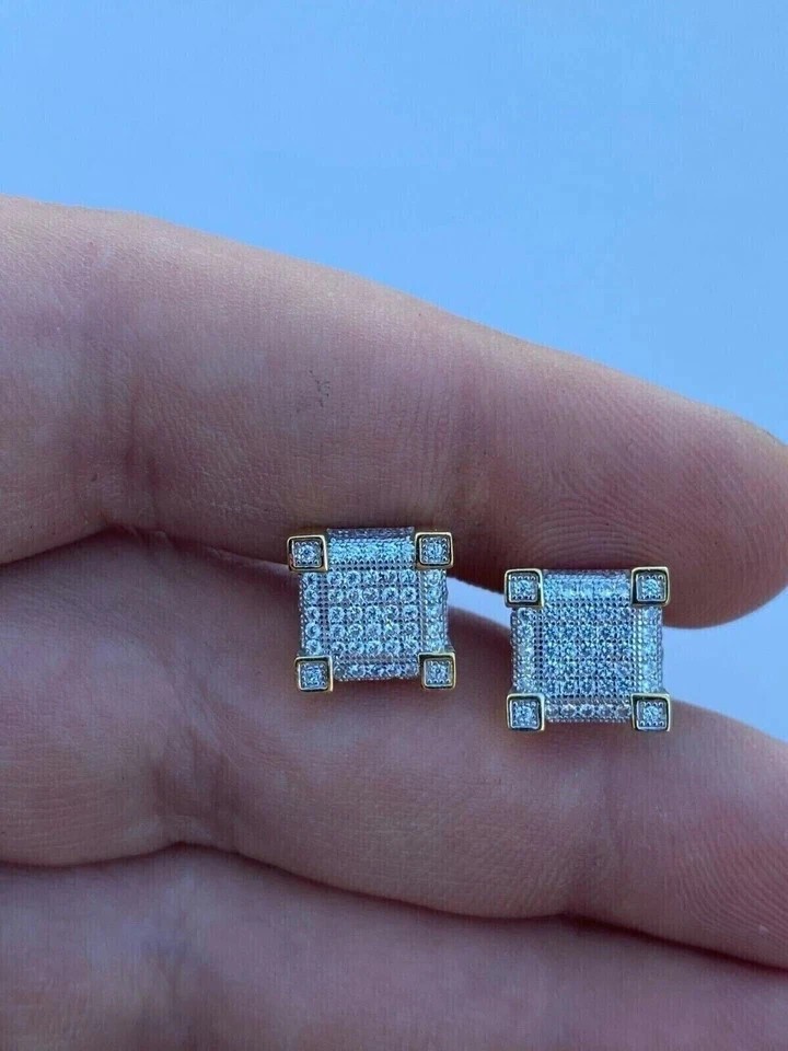 Ice-out Unisex 2Ct Created Diamond Cluster Stud Earrings 14K Yellow Gold Plated
