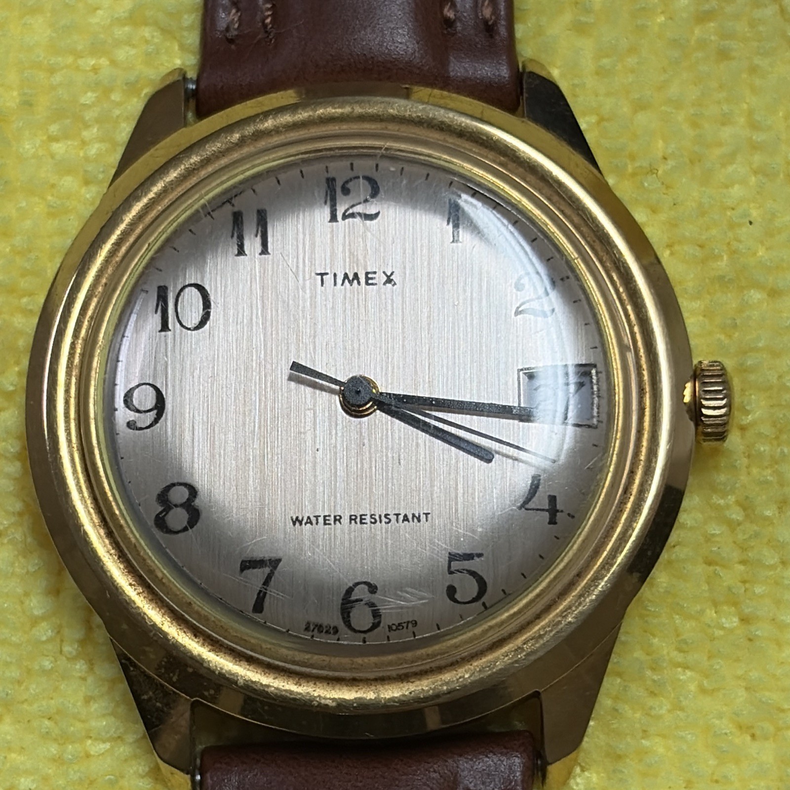 Timex Marlin Analog WR Date Gold-Tone Case Silver Sunburst Dial Brown Leather