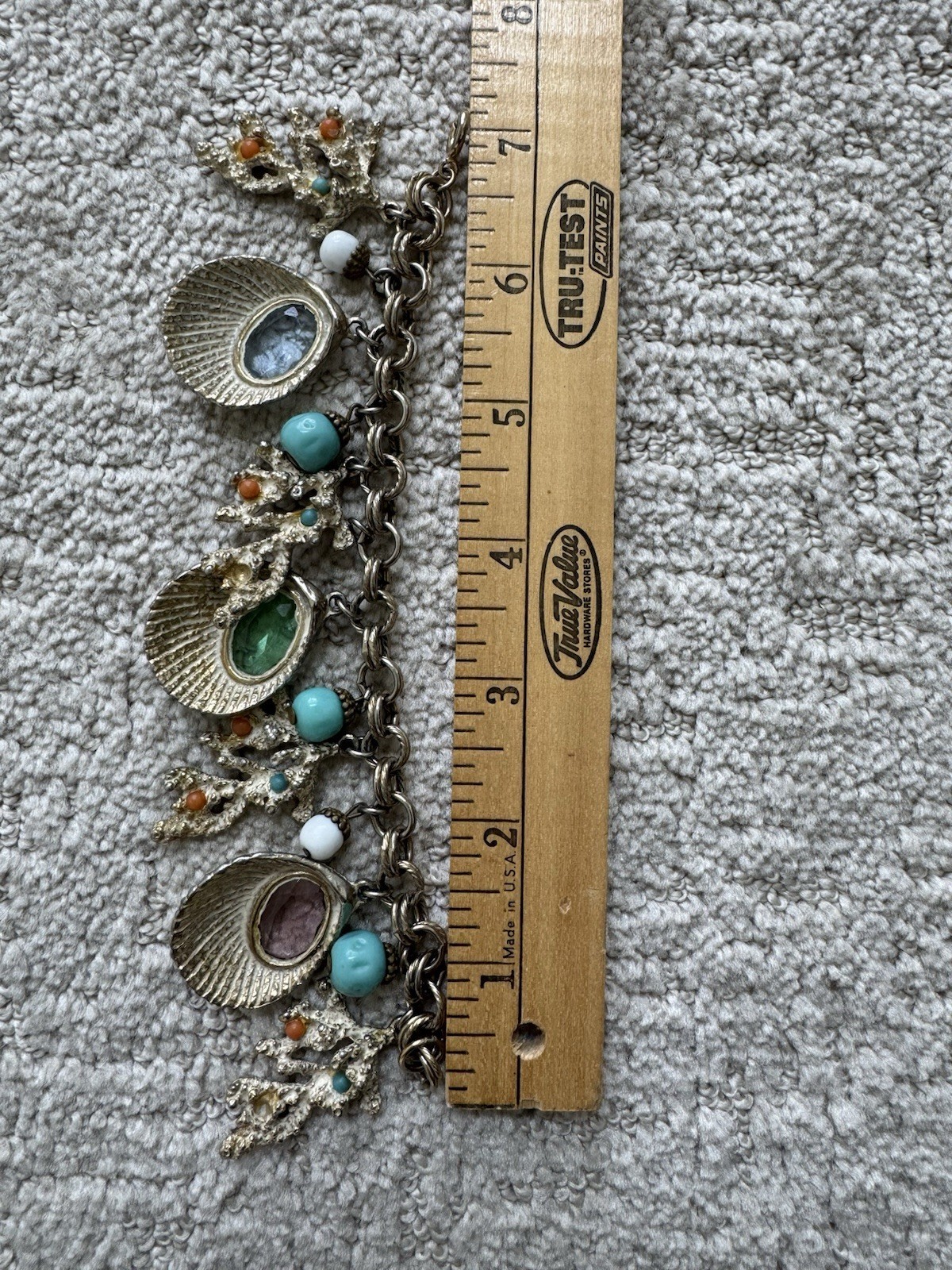 Vintage Chunky Sea Shell Charm Bracelet Coral Starfish Shell Nautical Crystal
