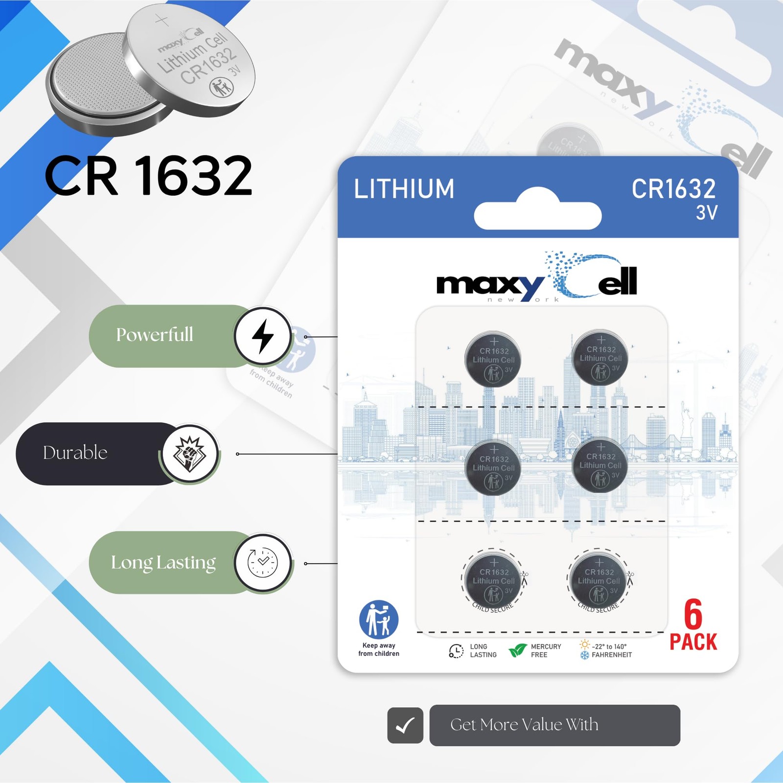 MaxyCell CR1632 Lithium Coin Cell Battery 3V High-Capacity 6 Pack