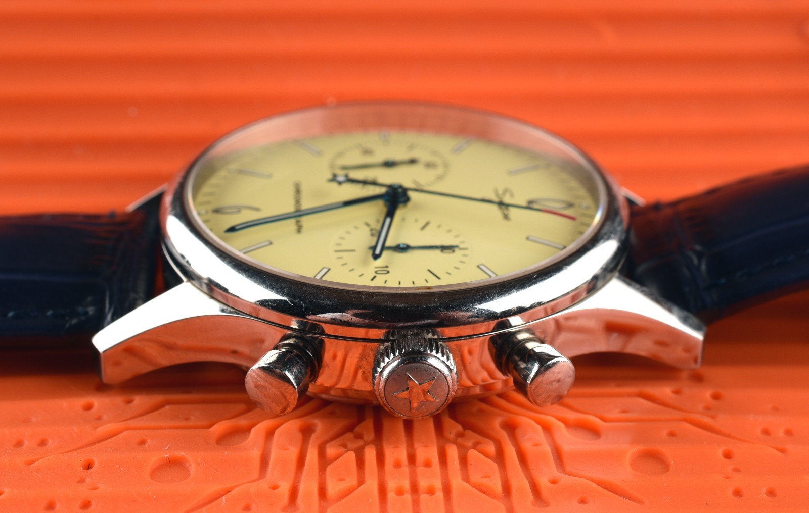 *Sugess Chronograph Mechanical II ST1901 Stainless Steel, Navy Leather Bracelet