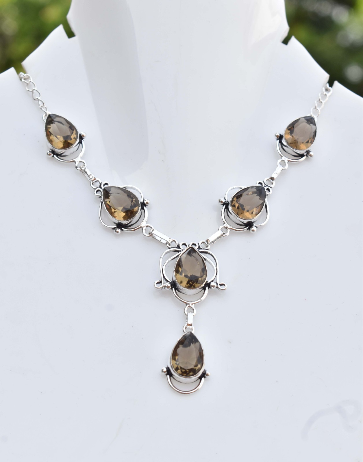 Natural Smoky Quartz Teardrop Necklace 925 Sterling Silver Handmade Jewelry “
