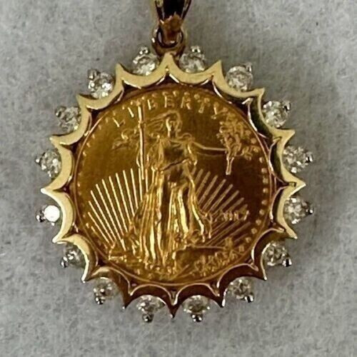 1Ct Lab Created Diamond Lady Liberty COIN Shape Pendant 14K Yellow Gold Plated