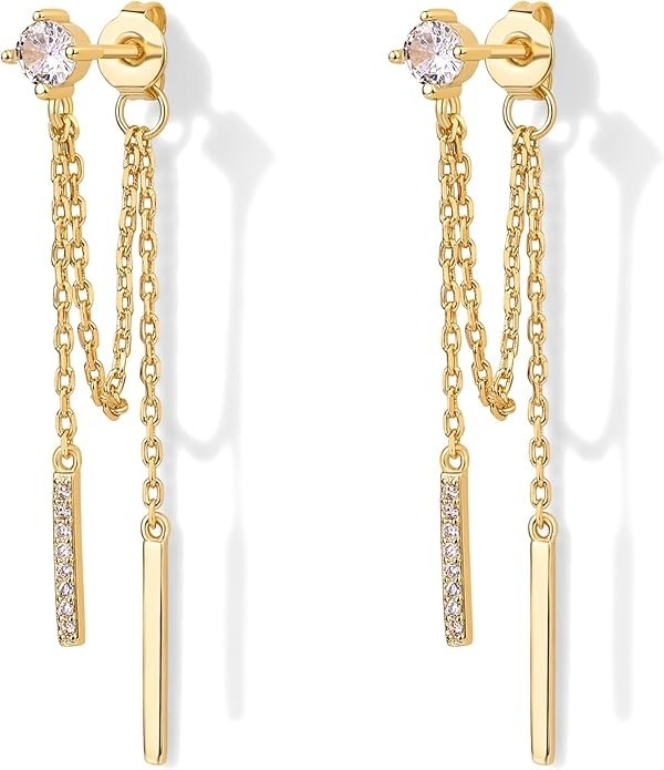 18K Gold Plated S925 Silver Post Drop Dangle Chain Earrings Cubic Zirconia Ball