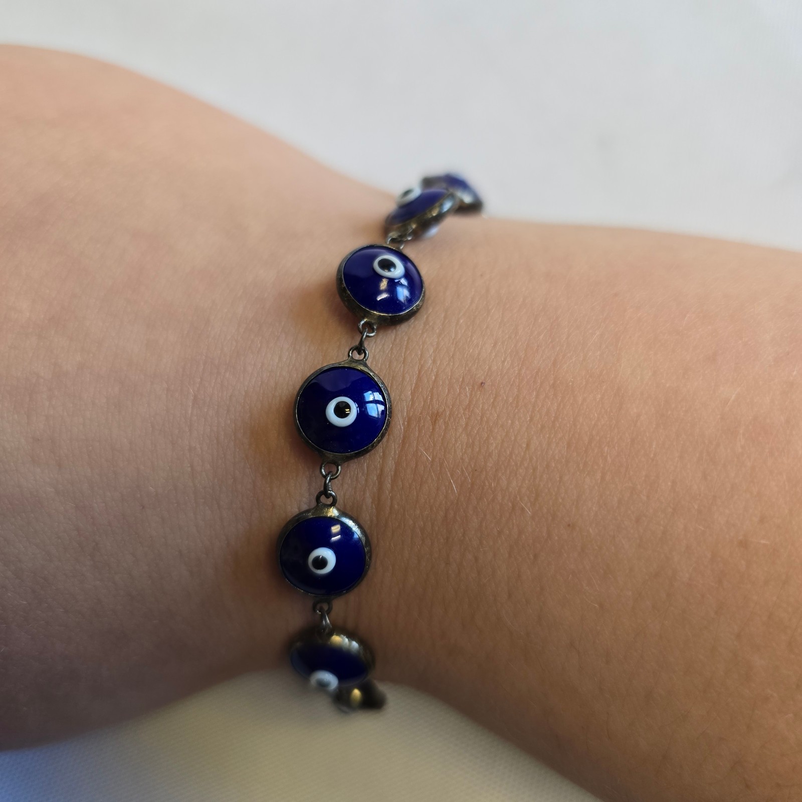 Sterling Silver Evil Eye Bracelet 7.83g Fine Jewelry 7.25″ Lobster Clasp