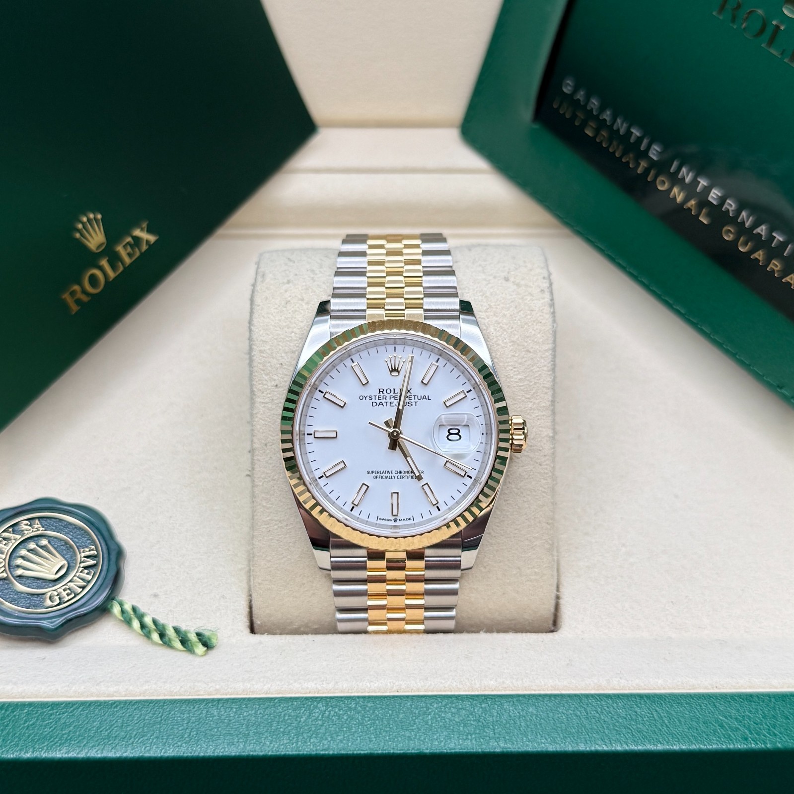 Rolex Datejust 36 White Index Dial Two Tone Yellow Gold Fluted Jubilee Bracelet