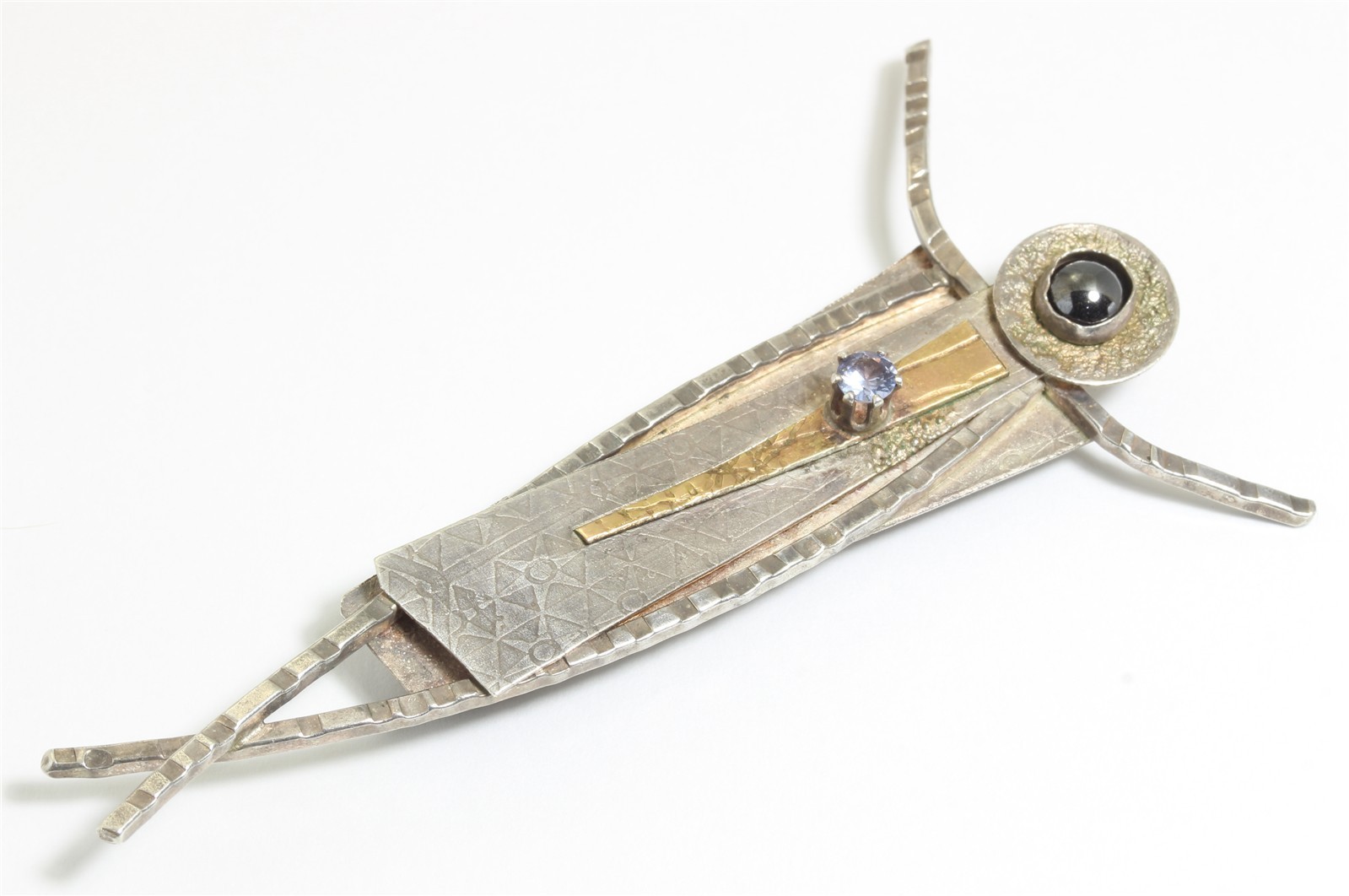 Artisan Sterling Silver 14k Gold Handmade Stamped Petroglyph Figural Brooch Pin