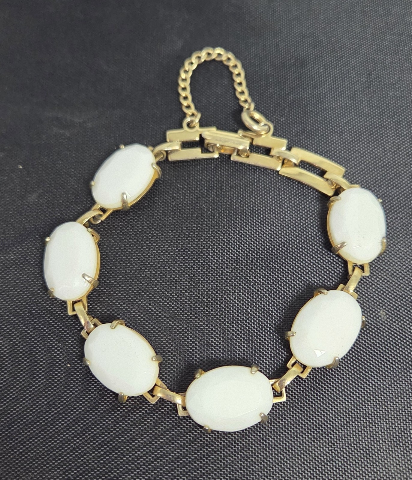 Vintage White Milk Glass Faceted Cabochon Bracelet Gold Tone with Safety Chain