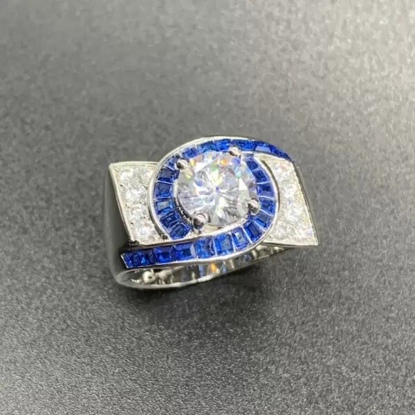 2 ct Round Baguette Created Diamond & Sapphire 14k White Gold Fn Engagement Ring