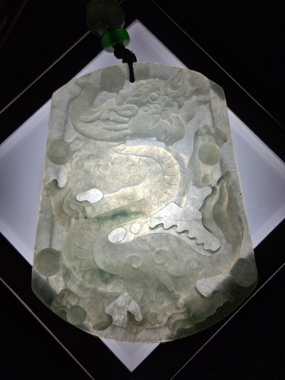 Natural Green Jade Dragon Amulet Pendant Necklace on Cord, Rectangle, Unisex