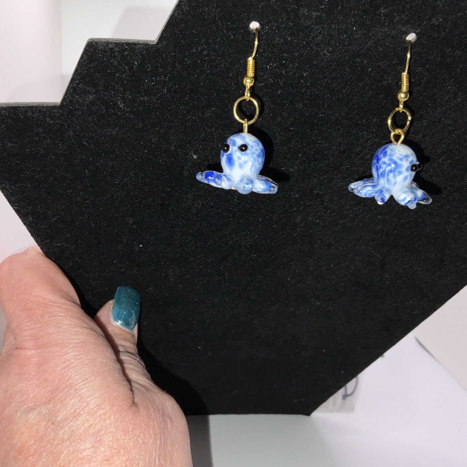 Blue & White Octopus Glass Earrings W/ Backs. Homemade 14k Extra Plated Gold New
