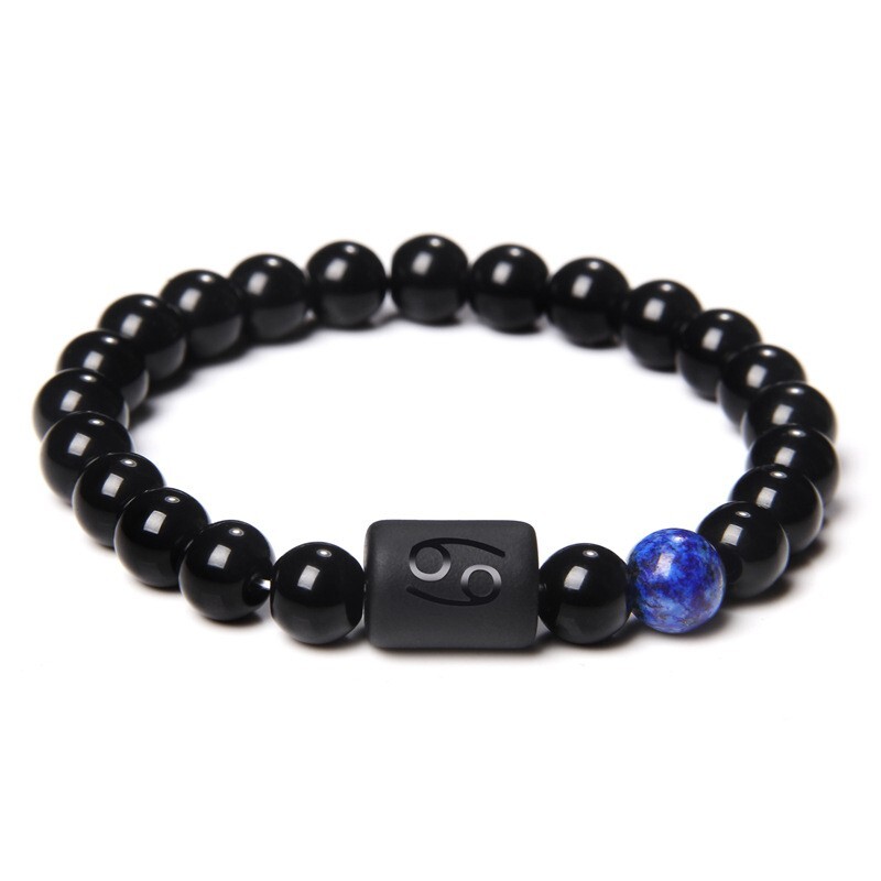 Zodiac Sign Natural Black Stone Beaded Elastic Stylish Bracelet Astrological