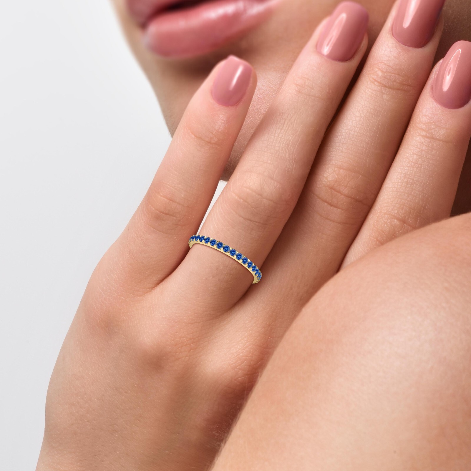 Shared Prong Round Blue Sapphire Half Eternity Wedding Band in 14K White Gold