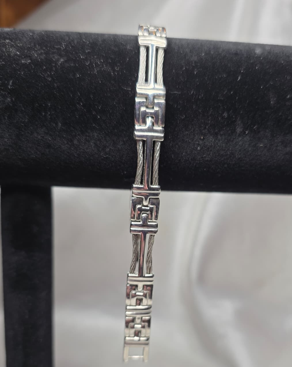 Stainless Steel Bracelet Silver Greek Key Cable Link Unisex Jewelry | 8.25in