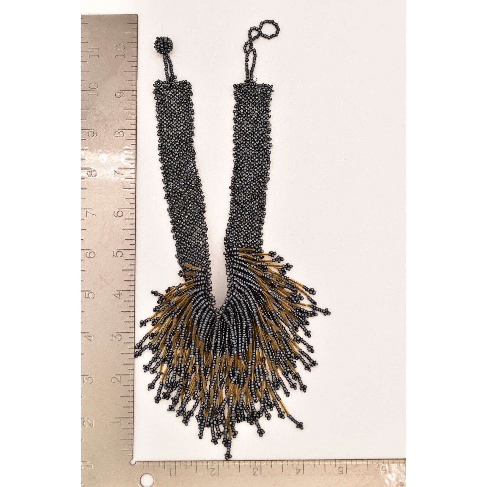 Vintage Statement Choker Necklace Fringe Bib Collar Beaded Gray Chunky 90s BinBE