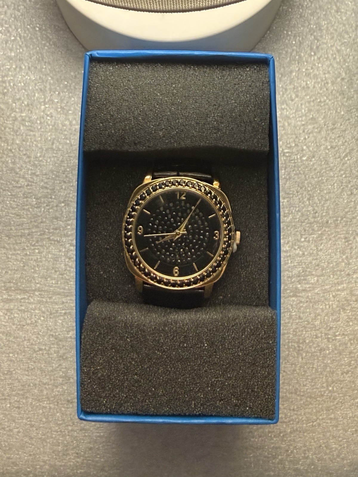 New Victoria Wieck Watch Womens Black Crystal Gold Trim Black Leather See Desc.