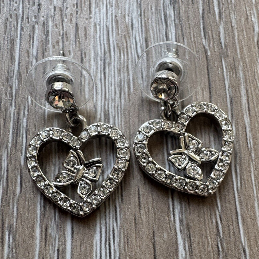 Silver Tone Crystal Rhinestone Heart Stud Earrings, Butterfly