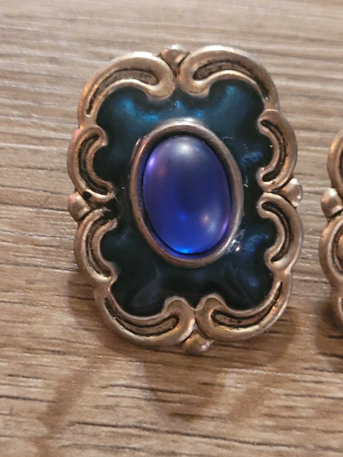 vintage Earrings,blue cabochons gold-tone metal enamel mid-20th-century styles.