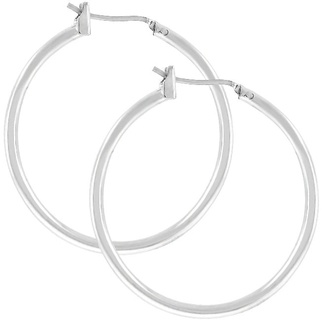 Silvertone Rhodium Plated Brass 32mm Latchback Tube Hoop Earrings for Women