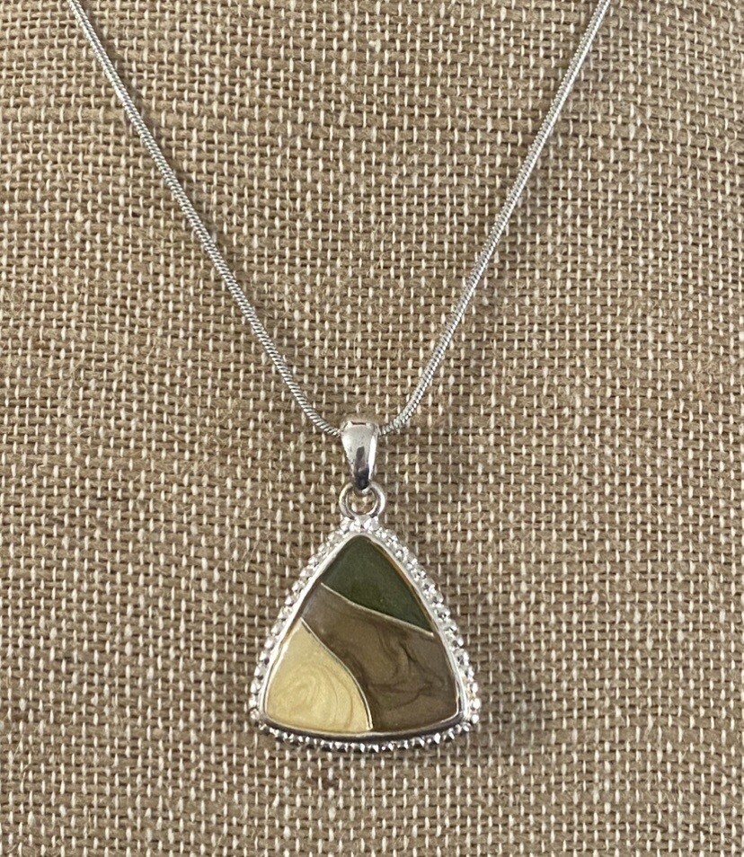 Vtg Necklace Brown Tan Silver Tone Triangle Costume Jewelry Nuetral Earthy