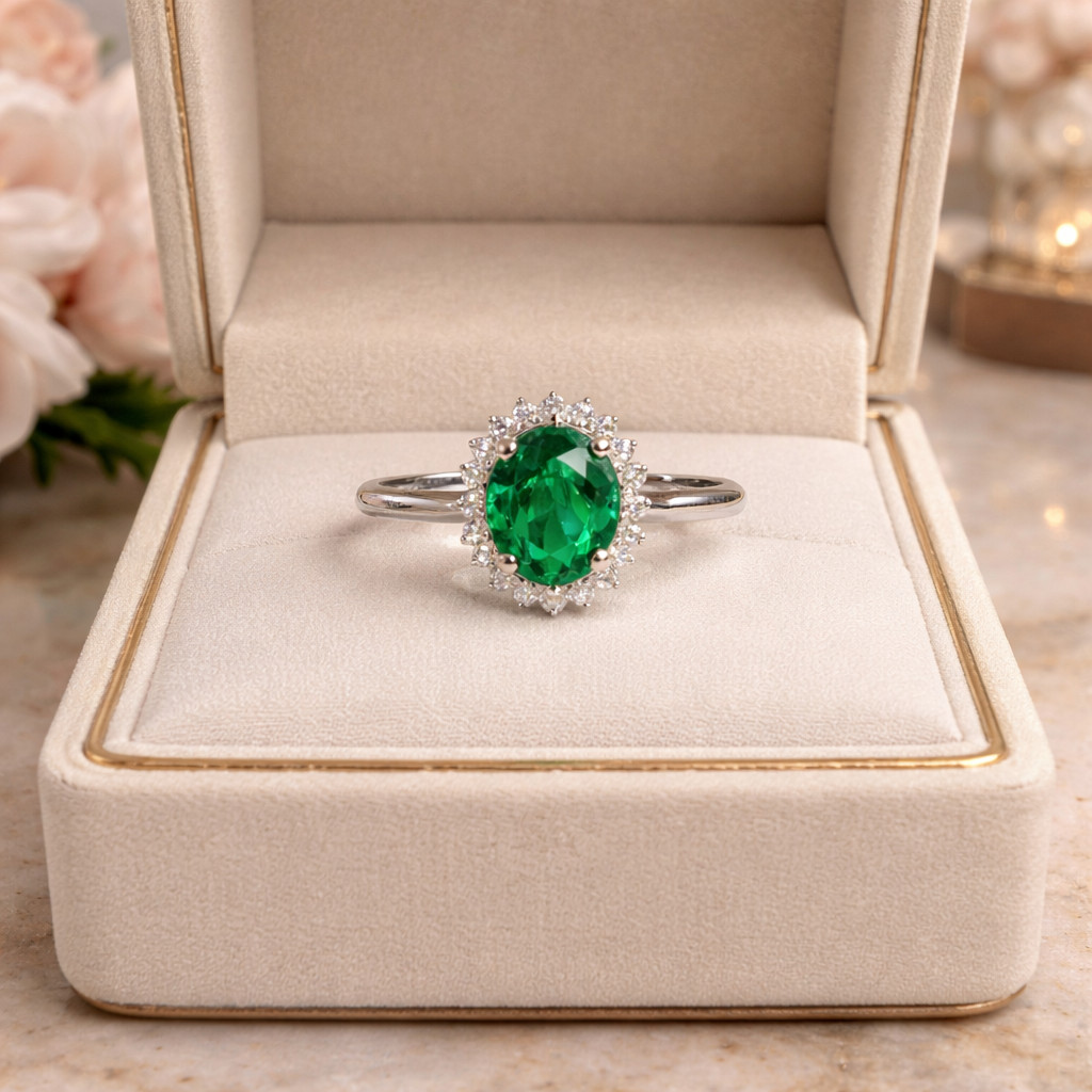 Oval Natural Emerald & Diamond Wedding Gift Ring 14k White Gold (Import Free)